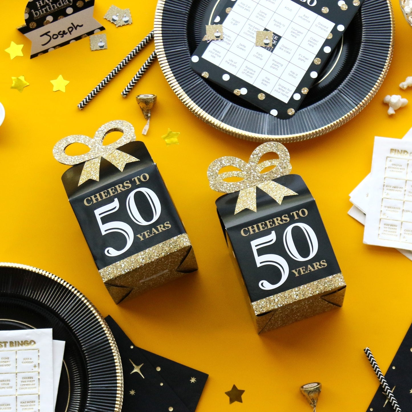 Adult 50th Birthday Square Favor Gift Boxes - Birthday Party Bow Boxes - Set of 12