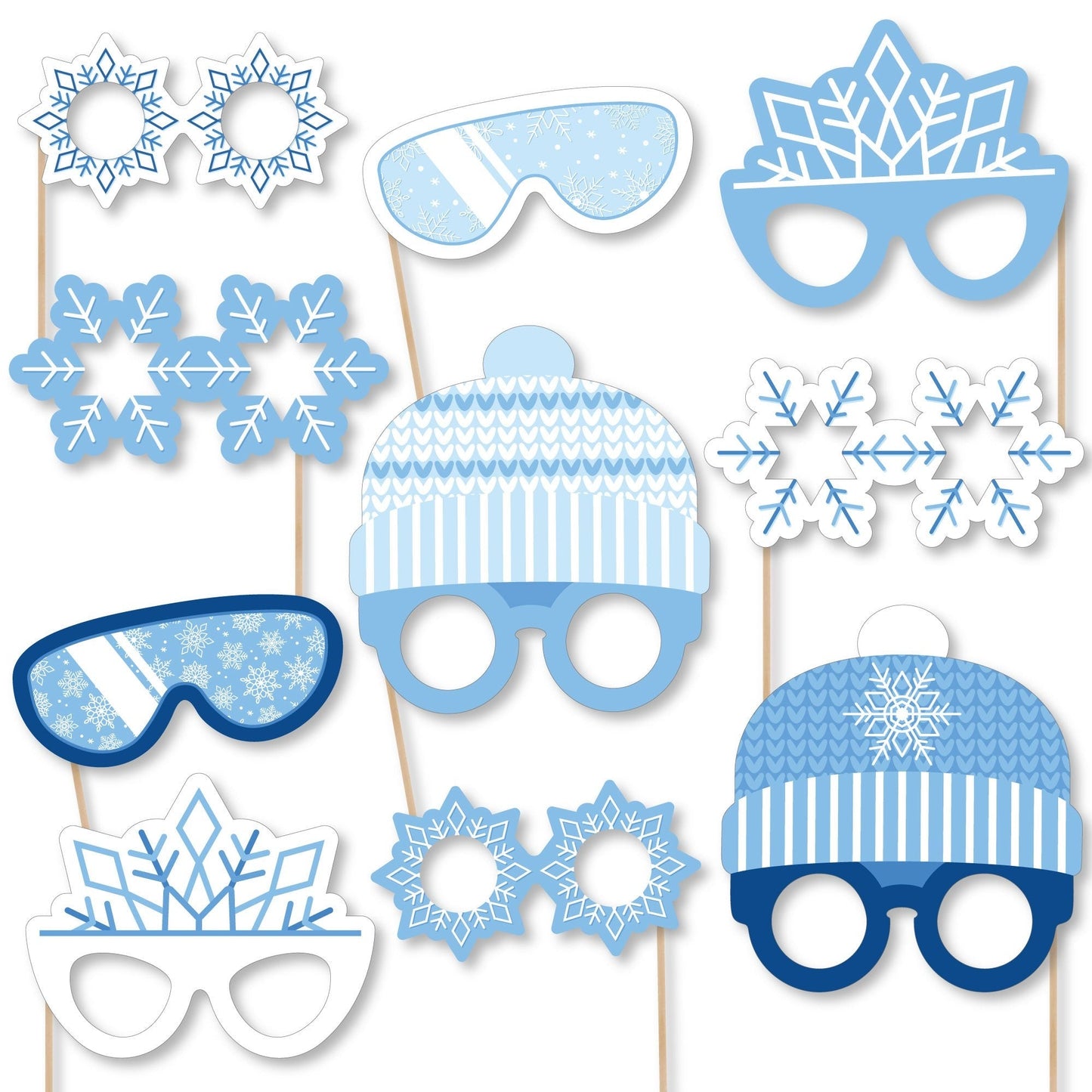 Blue Snowflakes Glasses and Headpieces - Paper Card Stock Winter Holiday Party Photo Booth Props Kit - 10 Count