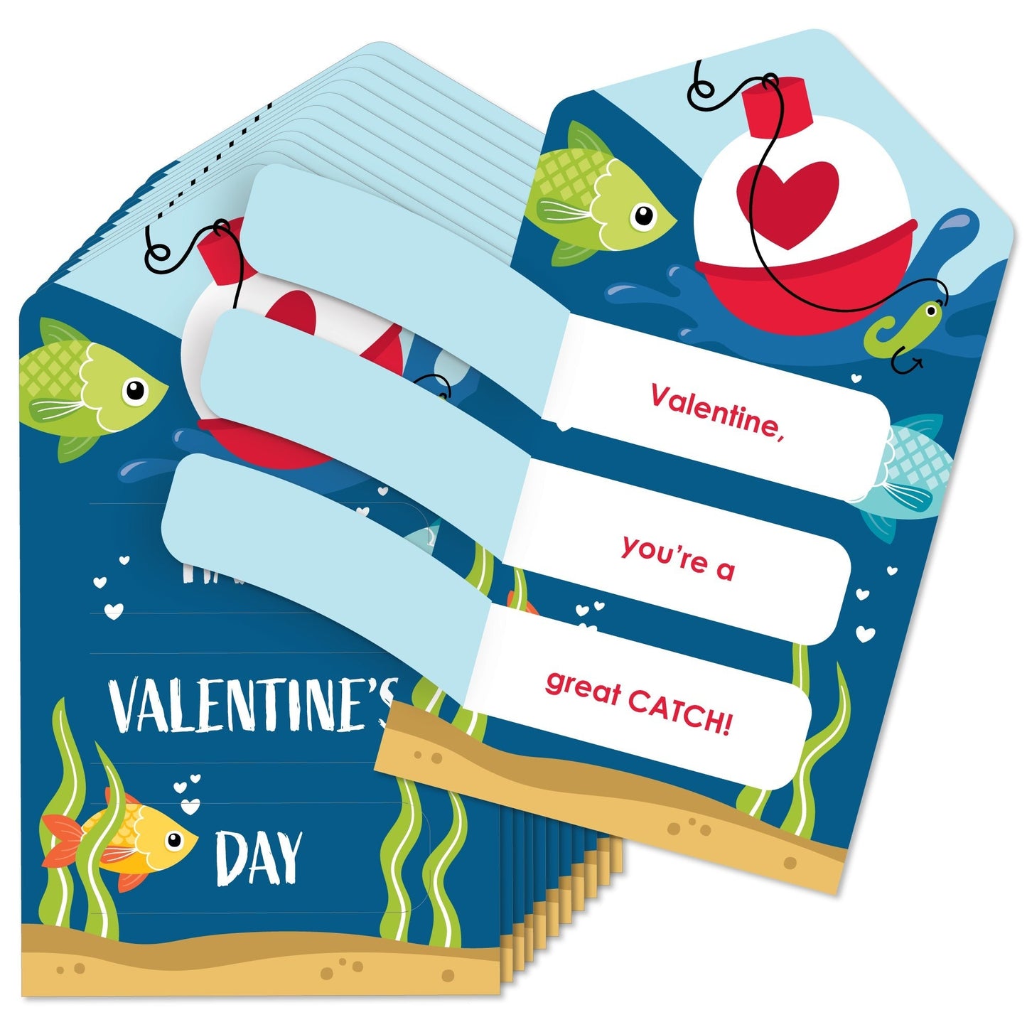 Let's Go Fishing - Fish Cards for Kids - Happy Valentine’s Day Pull Tabs - Set of 12