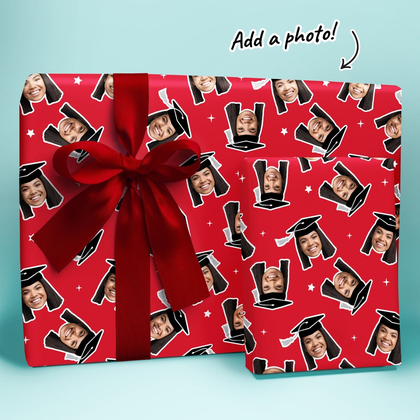 Personalized Photo Red Graduation Wrapping Paper, Graduate Cap with Tassel
