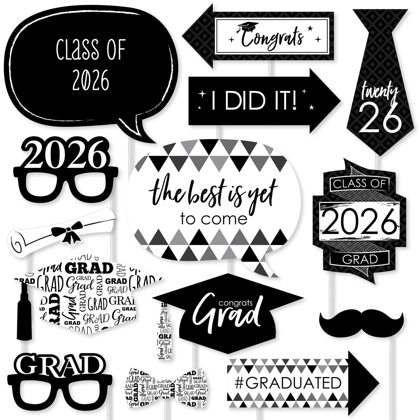 Black and White Grad - 2026 Graduation Party Photo Booth Props Kit - 20 Count