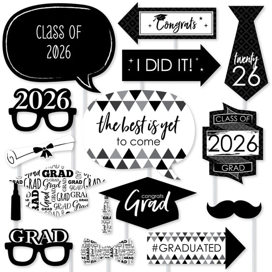 Black and White Grad - 2026 Graduation Party Photo Booth Props Kit - 20 Count