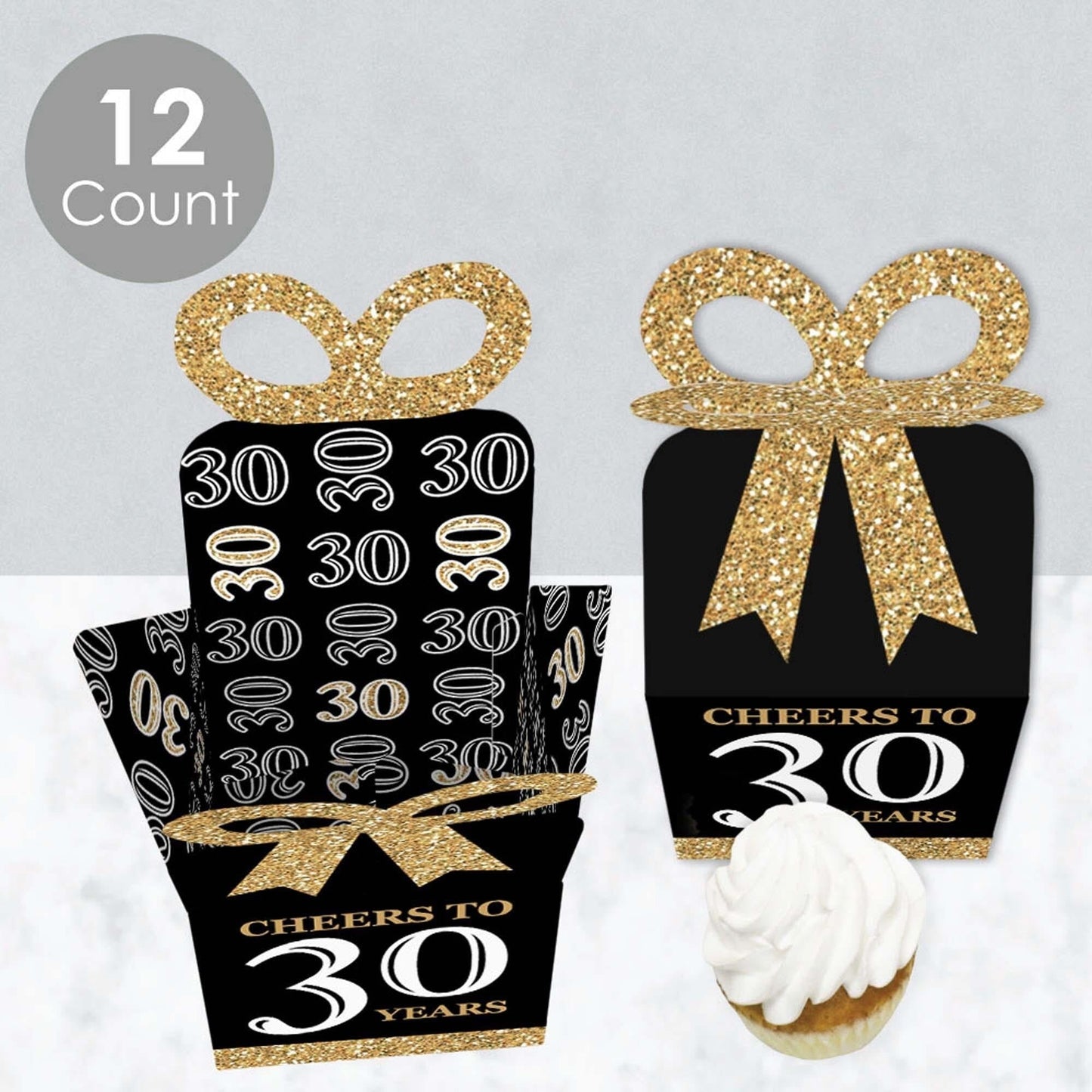 Adult 30th Birthday - Gold - Square Favor Gift Boxes - Birthday Party Bow Boxes - Set of 12