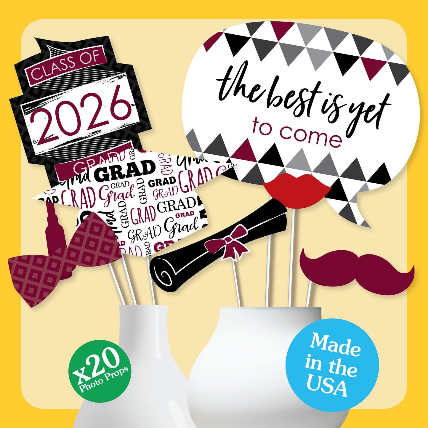 Maroon Grad - 2026 Graduation Party Photo Booth Props Kit - 20 Count