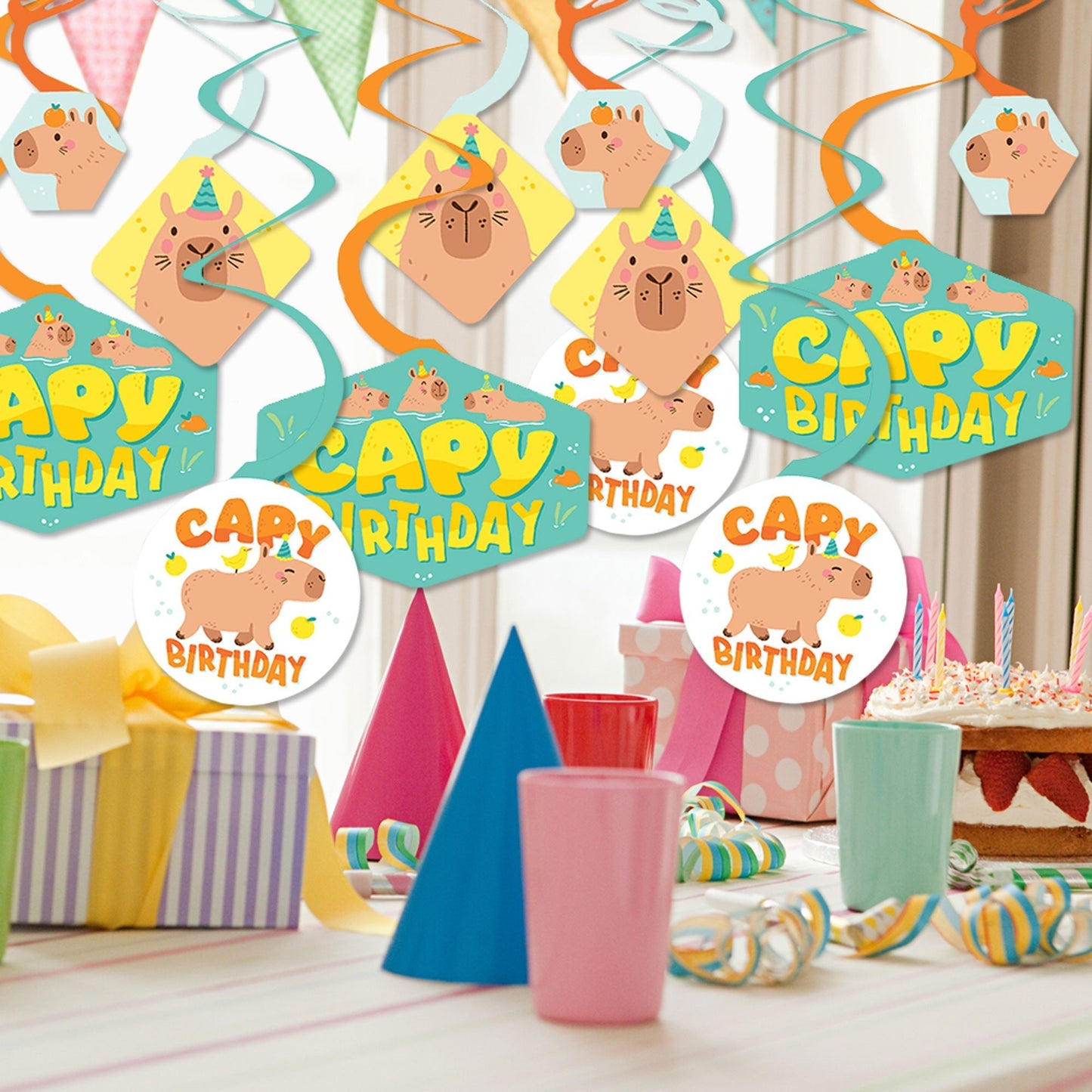 Capy Birthday - Capybara Party Hanging Decor - Party Decoration Swirls - Set of 40