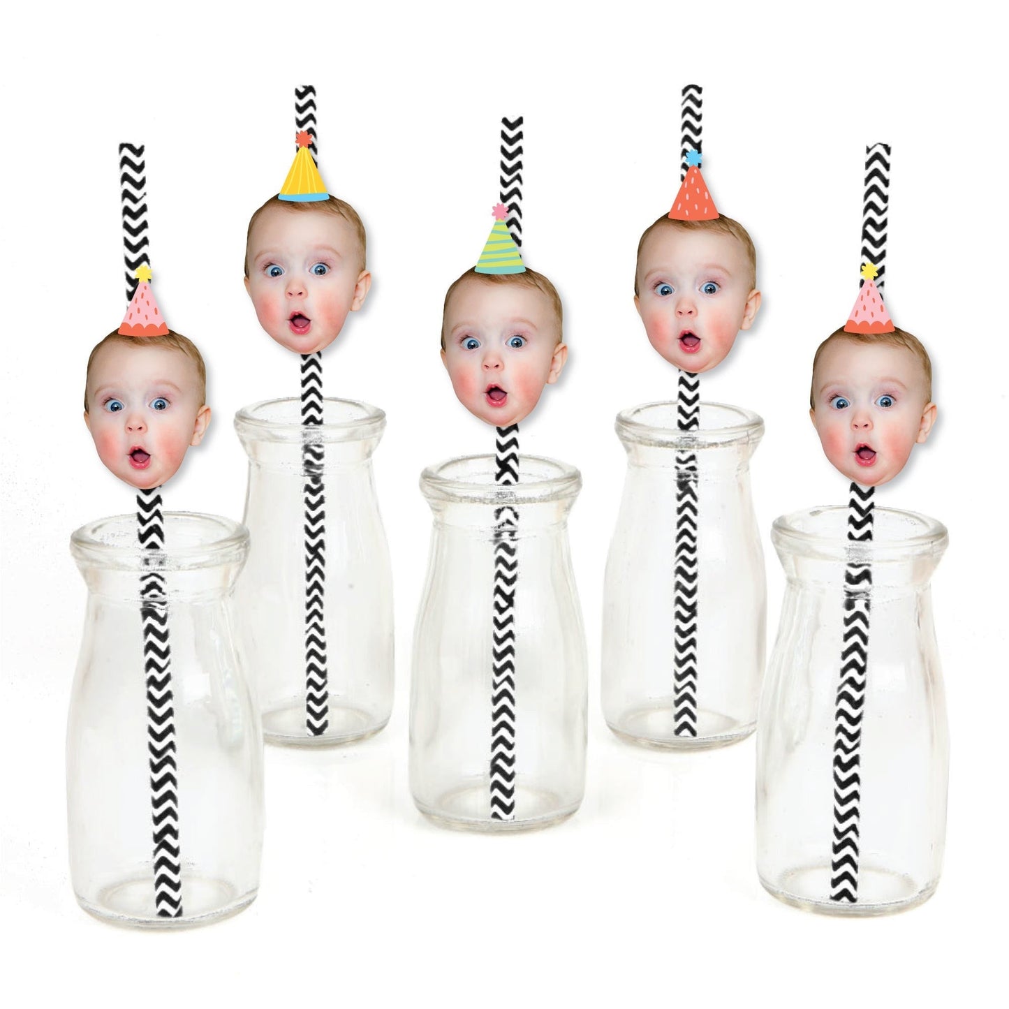 Custom Photo Party Time - Happy Birthday Party Fun Face Paper Straw Decor - Set of 24