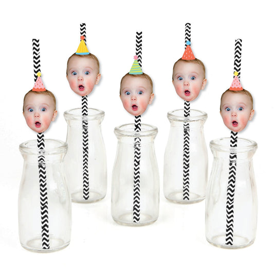 Custom Photo Party Time - Happy Birthday Party Fun Face Paper Straw Decor - Set of 24