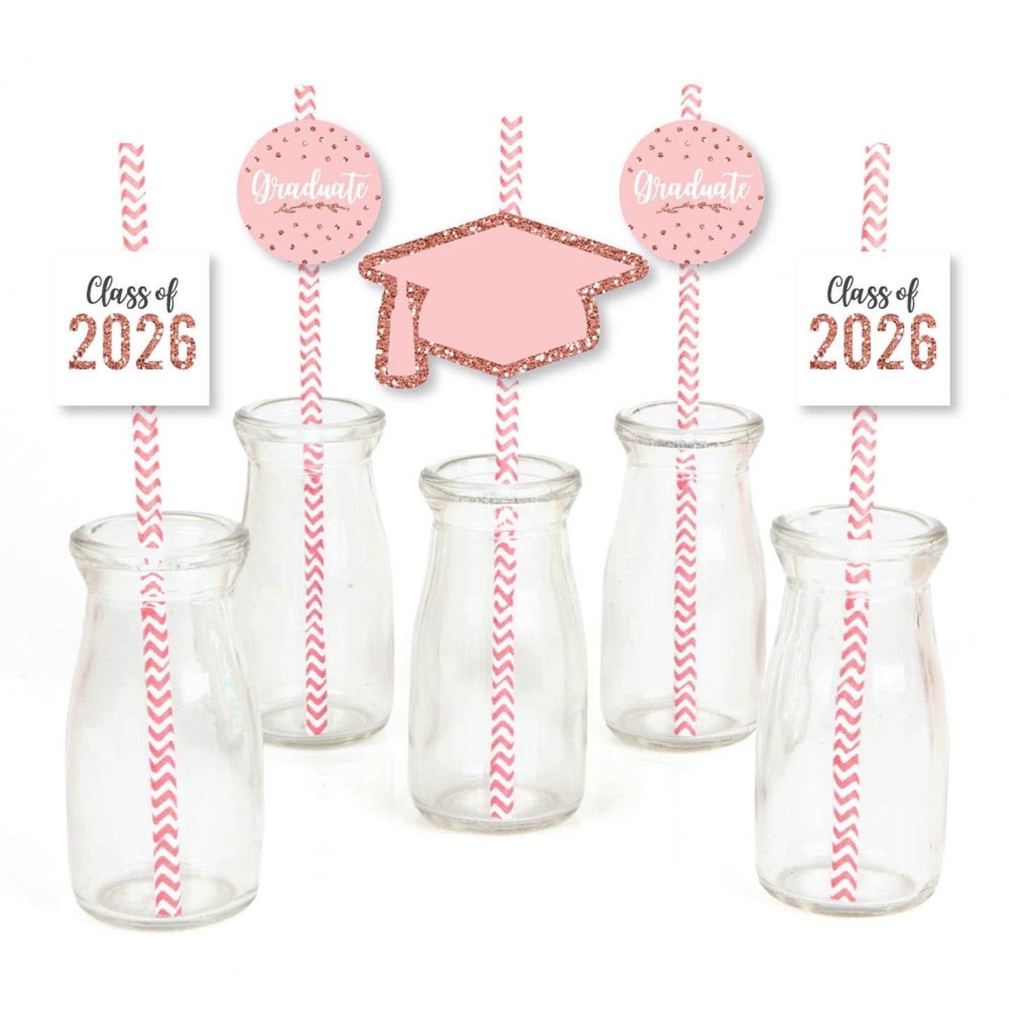 Rose Gold Grad - Paper Straw Decor - 2026 Graduation Party Striped Decorative Straws - Set of 24