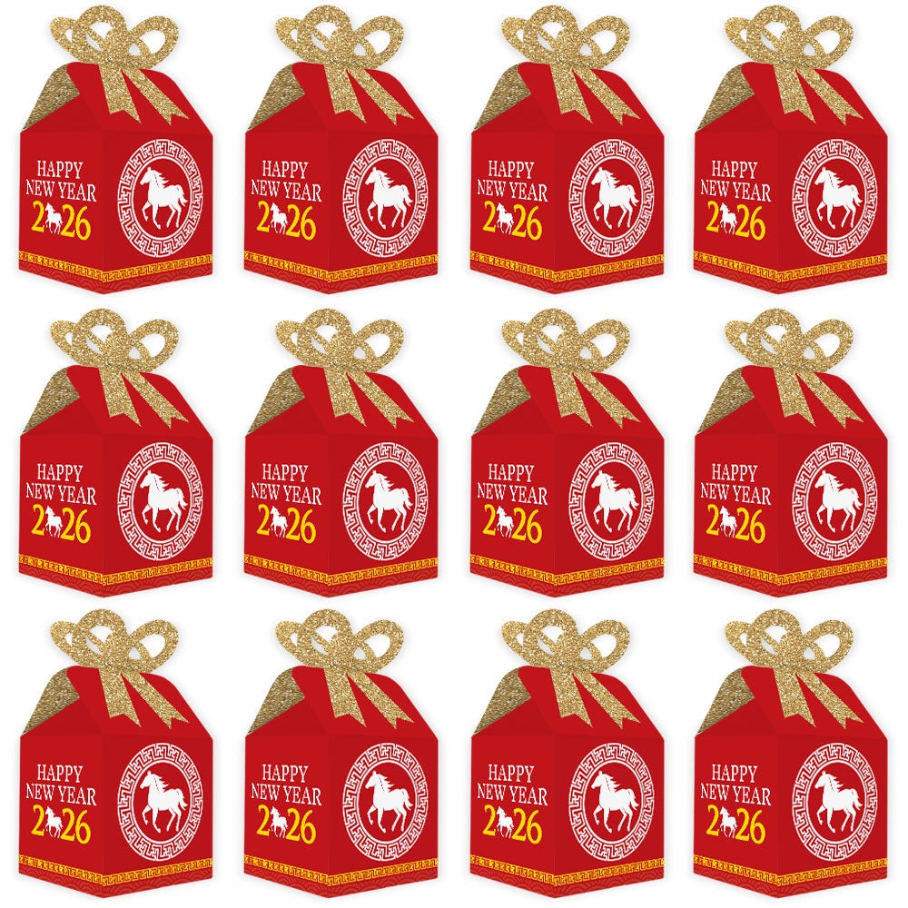 Chinese New Year - Square Favor Gift Boxes - 2026 Year of the Horse Bow Boxes - Set of 12