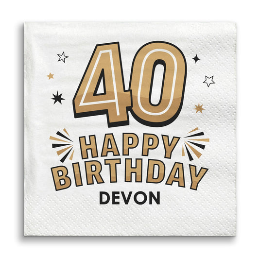 Custom Text Napkins - Black & Gold 40th Birthday - 50 Ct