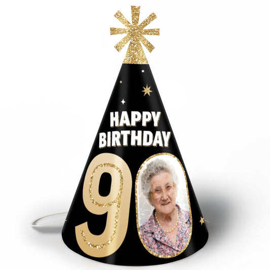 Custom Photo 90th Birthday Cone Hat - 8 Ct
