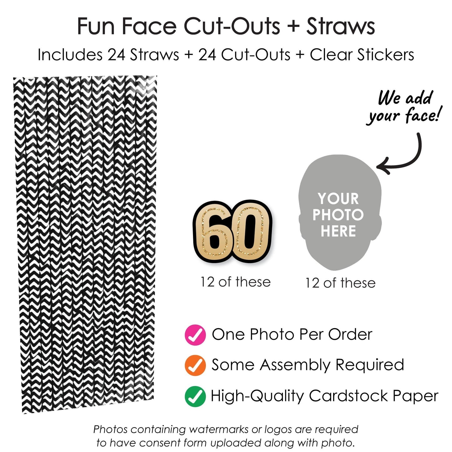 Custom 60th Birthday Face Cutout Straw Decor - 24 Ct