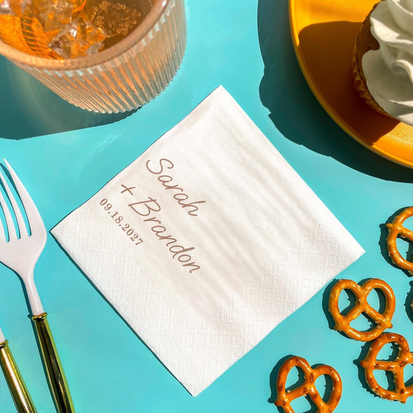 Custom Text - Mocha Brown Simple Wedding Script Napkins