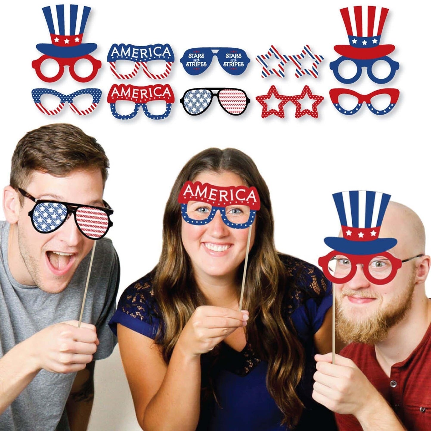Patriotic Glasses - Paper Card Stock Memorial Day Party Photo Booth Props Kit - 10 Count