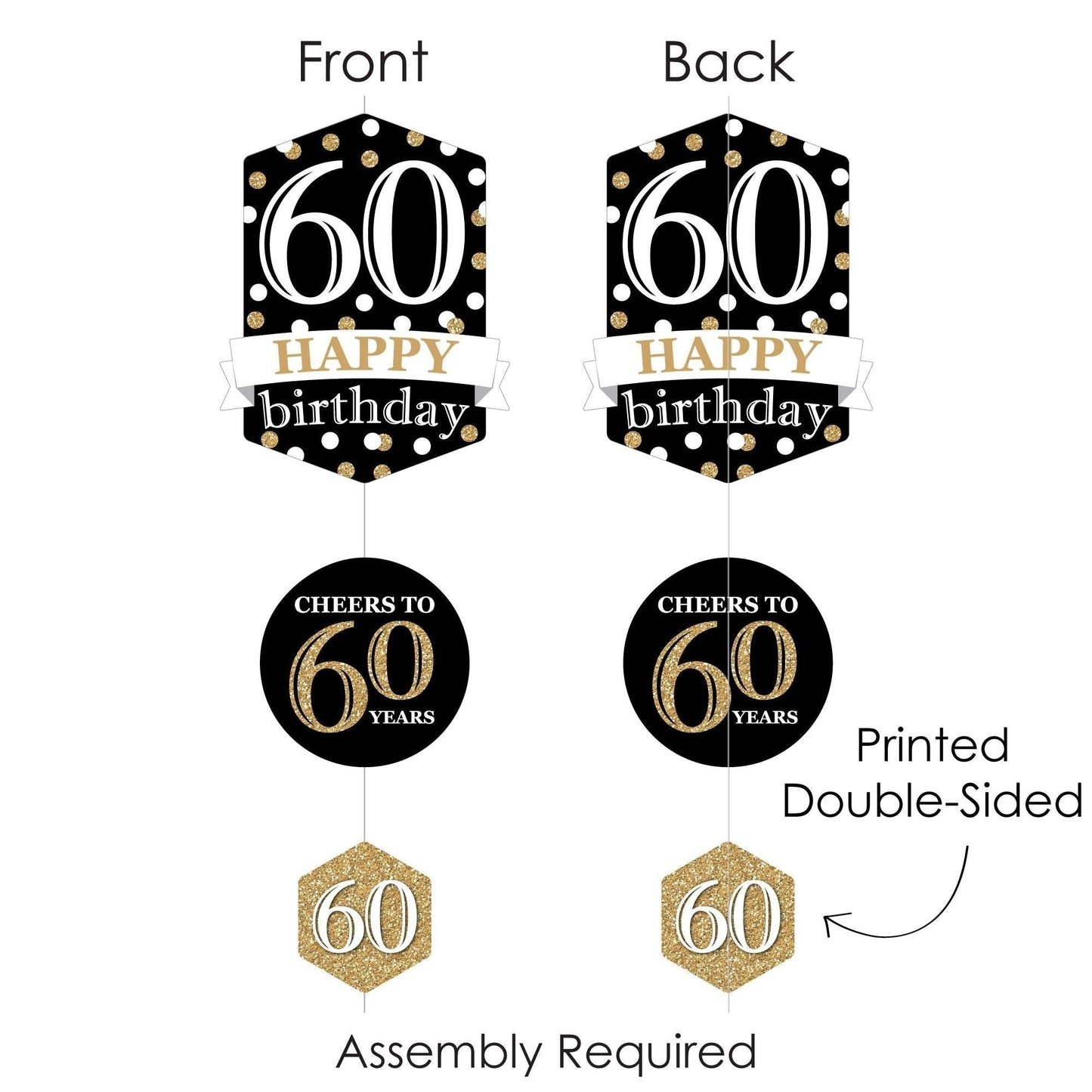 Adult 60th Birthday - Gold - Birthday Party DIY Dangler Backdrop - Hanging Vertical Decorations - 30 Pieces