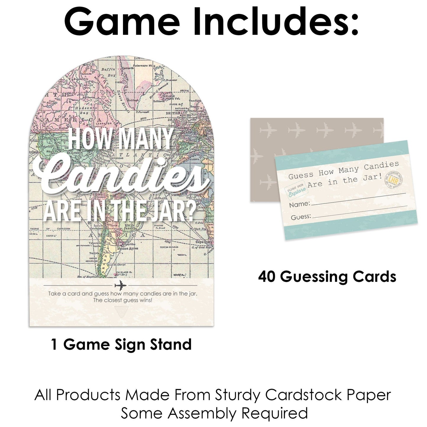 World Awaits - How Many Candies Travel Themed Party Game - 1 Stand and 40 Cards - Candy Guessing Game