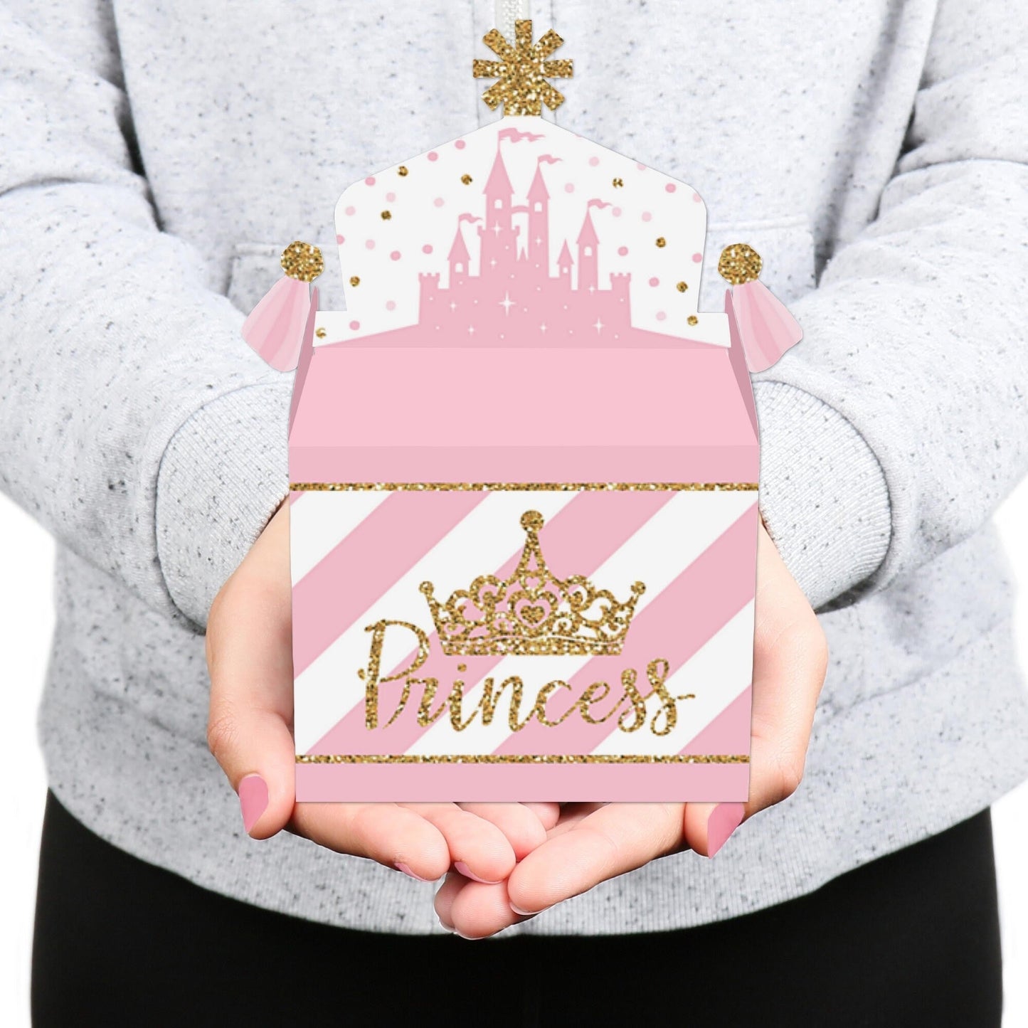 Little Princess Crown - Treat Box Party Favors - Pink and Gold Princess Baby Shower or Birthday Party Goodie Gable Boxes - Set of 12