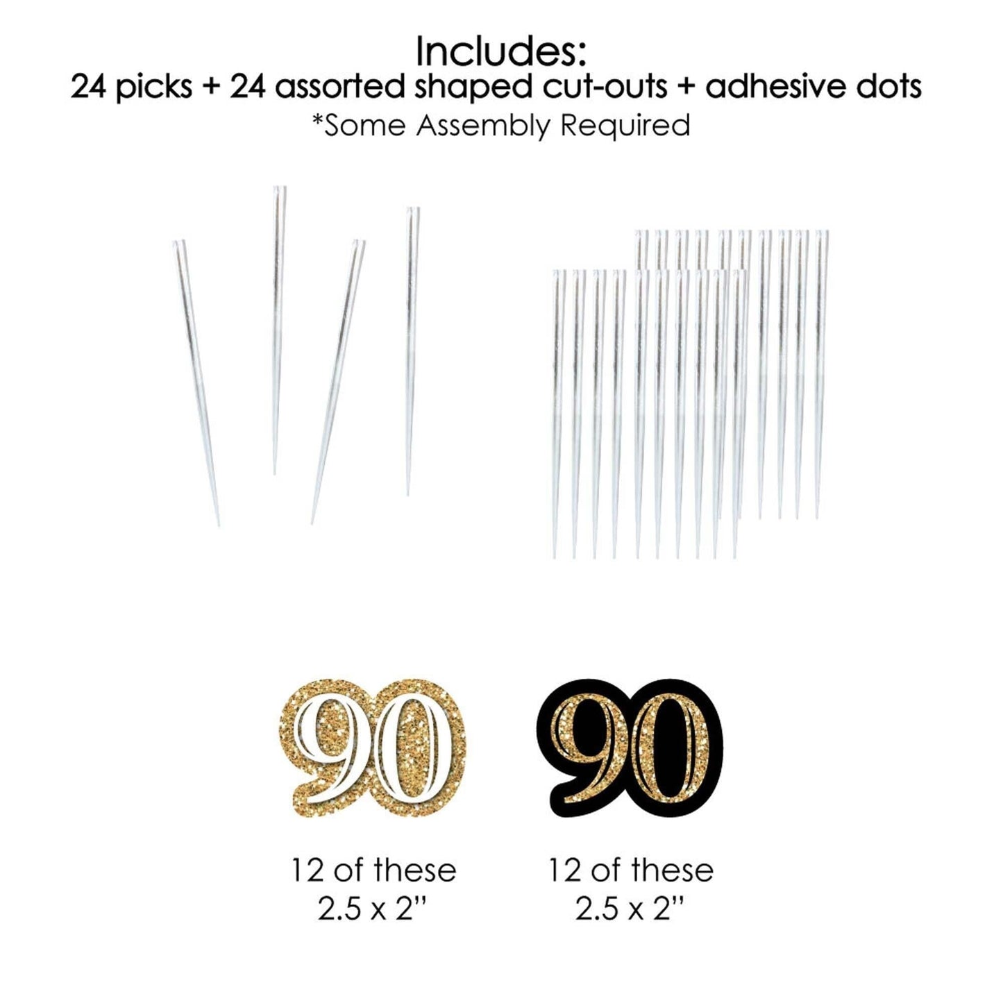 Adult 90th Birthday - Gold - Dessert Cupcake Toppers - Birthday Party Clear Treat Picks - Set of 24