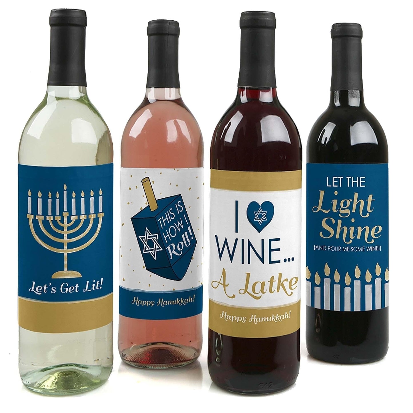 Happy Hanukkah - Chanukah Decorations for Women and Men - Wine Bottle Label Stickers - Set of 4