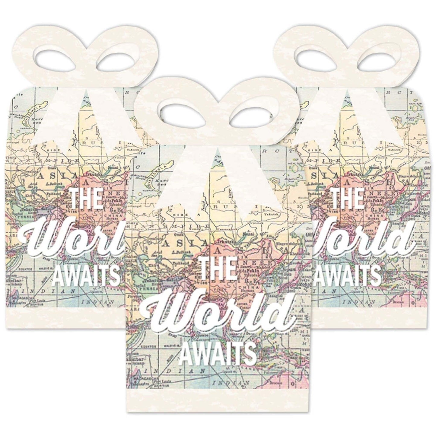 World Awaits - Square Favor Gift Boxes - Travel Themed Party Bow Boxes - Set of 12