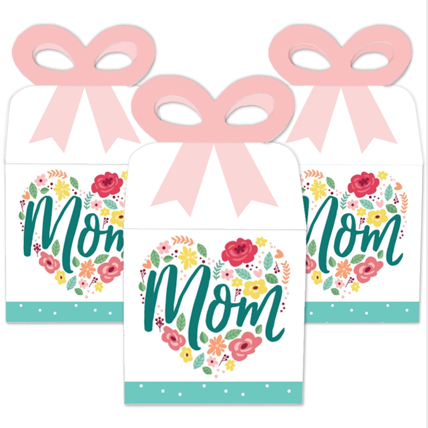 Colorful Floral Happy Mother's Day - Square Favor Gift Boxes - We Love Mom Party Bow Boxes - Set of 12