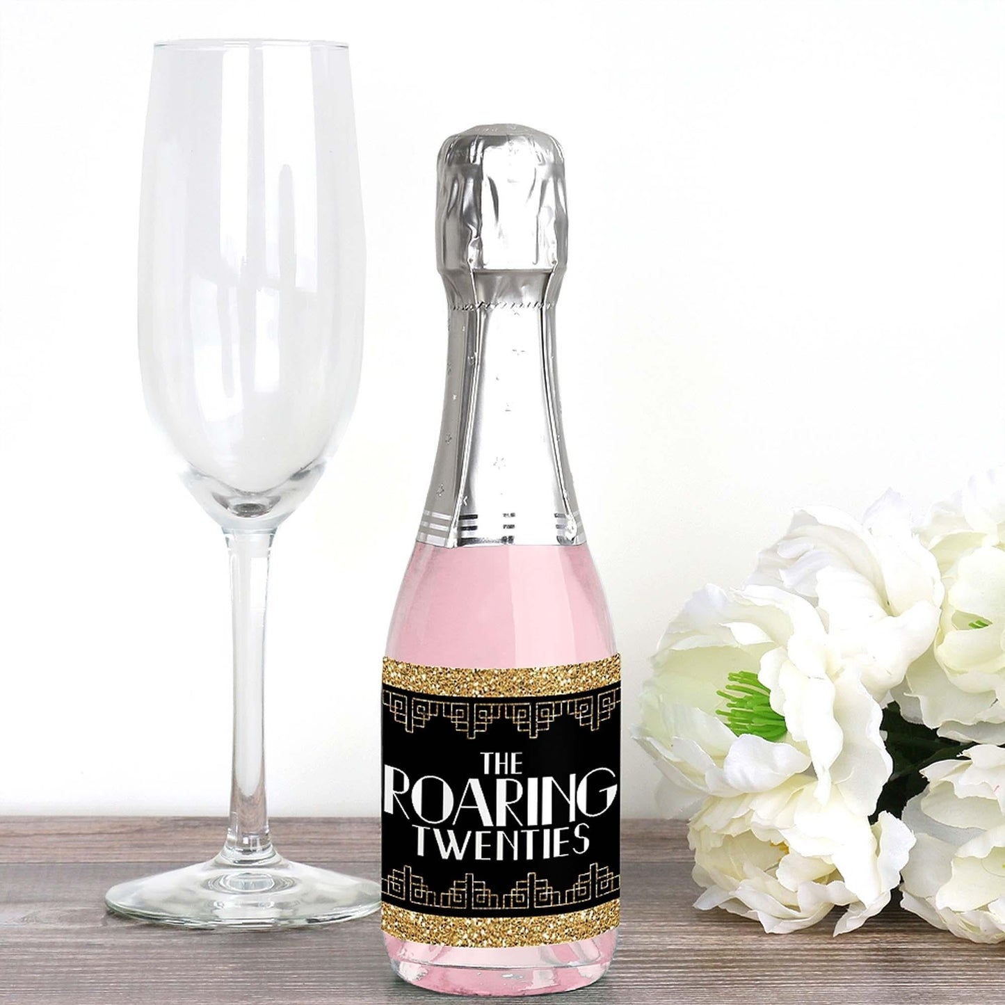 Roaring 20's - Mini Wine and Champagne Bottle Label Stickers - 1920s Art Deco Jazz Party Favor Gift for Women and Men - Set of 16
