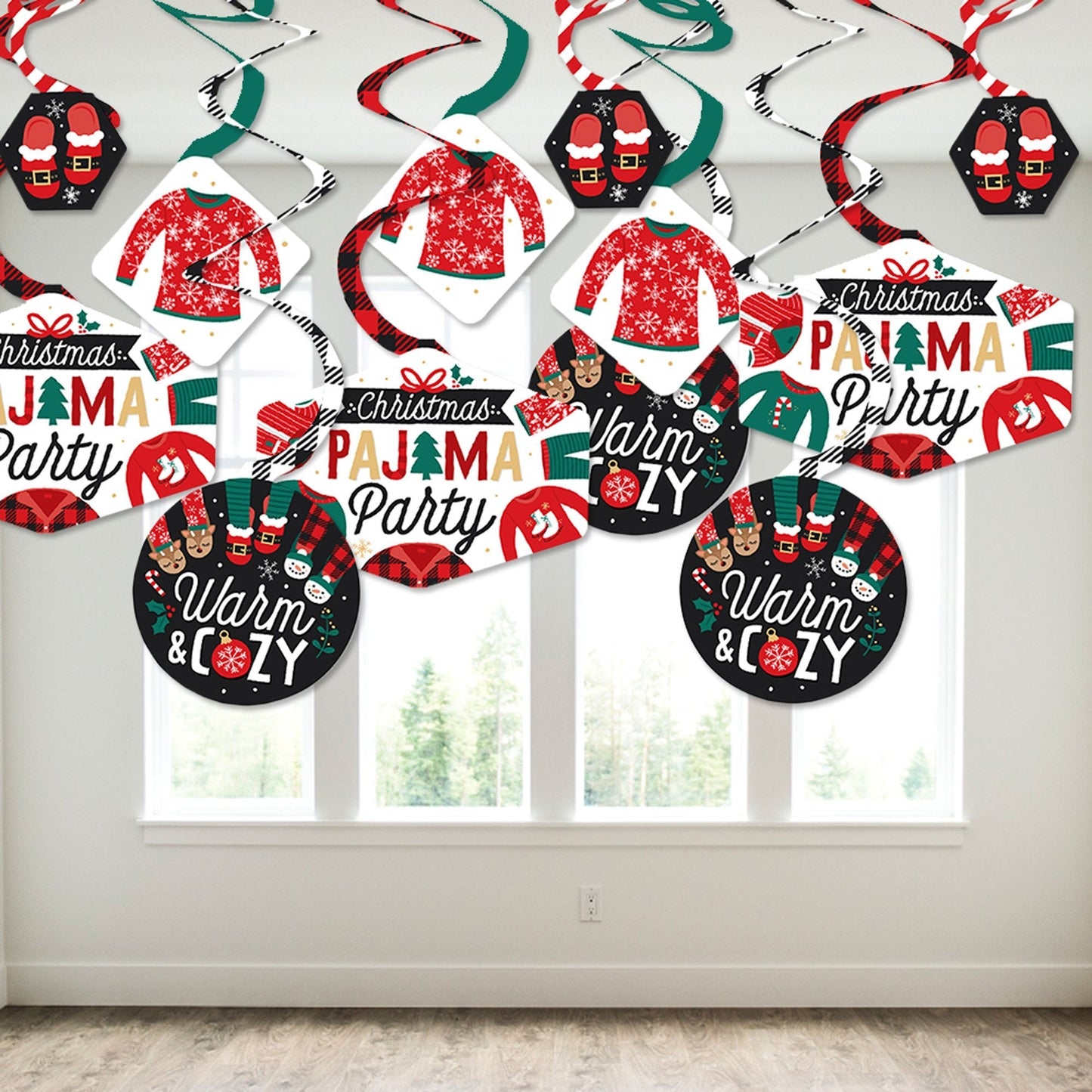 Christmas Pajamas - Holiday Plaid PJ Party Hanging Decor - Party Decoration Swirls - Set of 40
