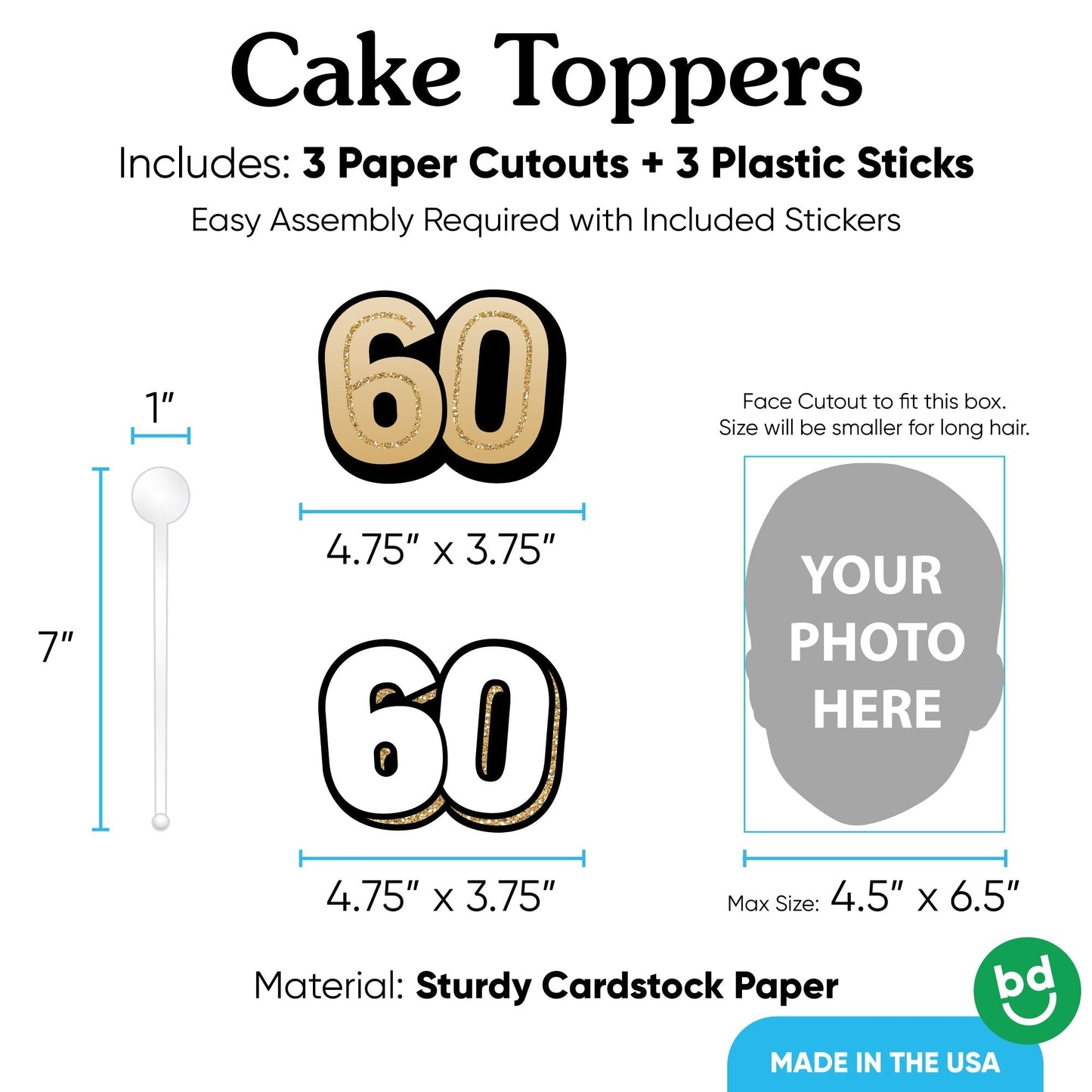 Custom Photo 60th Birthday Cake Topper - 3 Pc