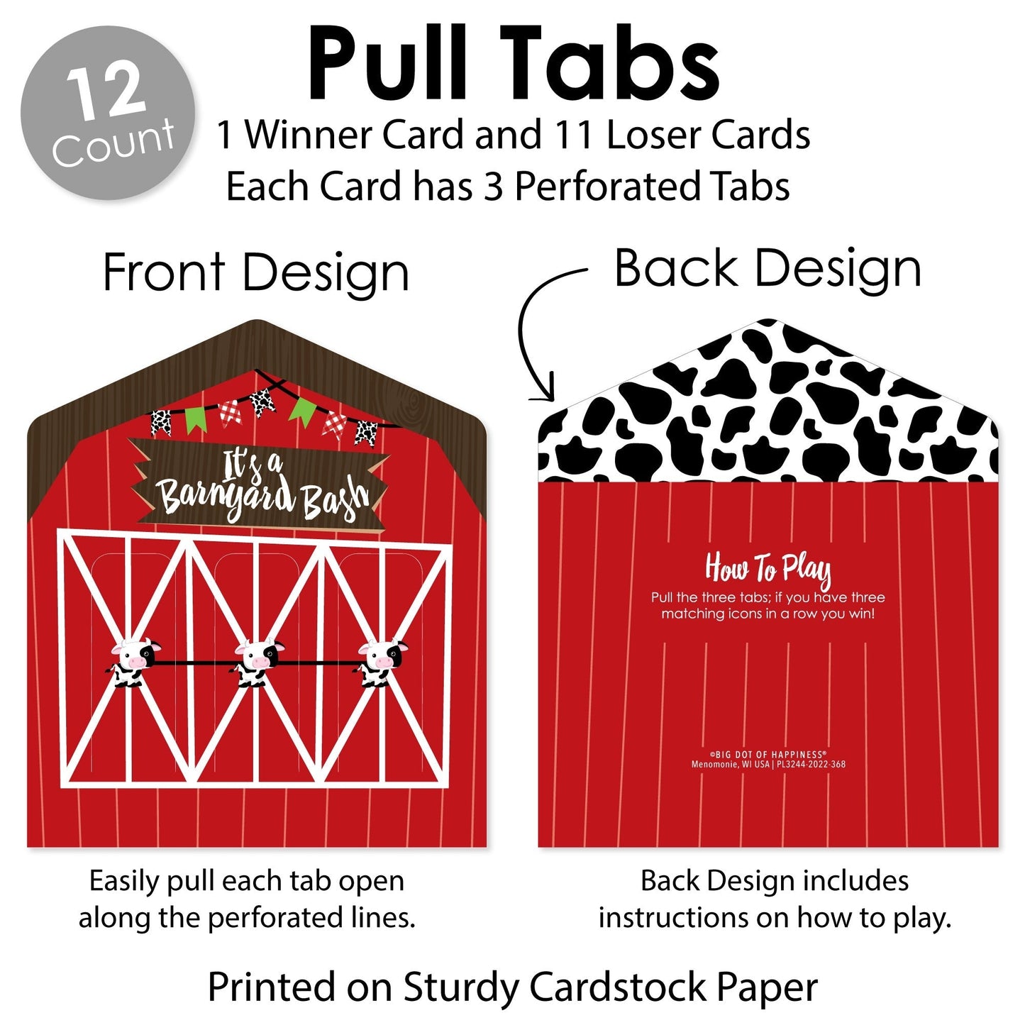 Farm Animals - Barnyard Baby Shower or Birthday Party Game Pickle Cards - Pull Tabs 3-in-a-Row - Set of 12