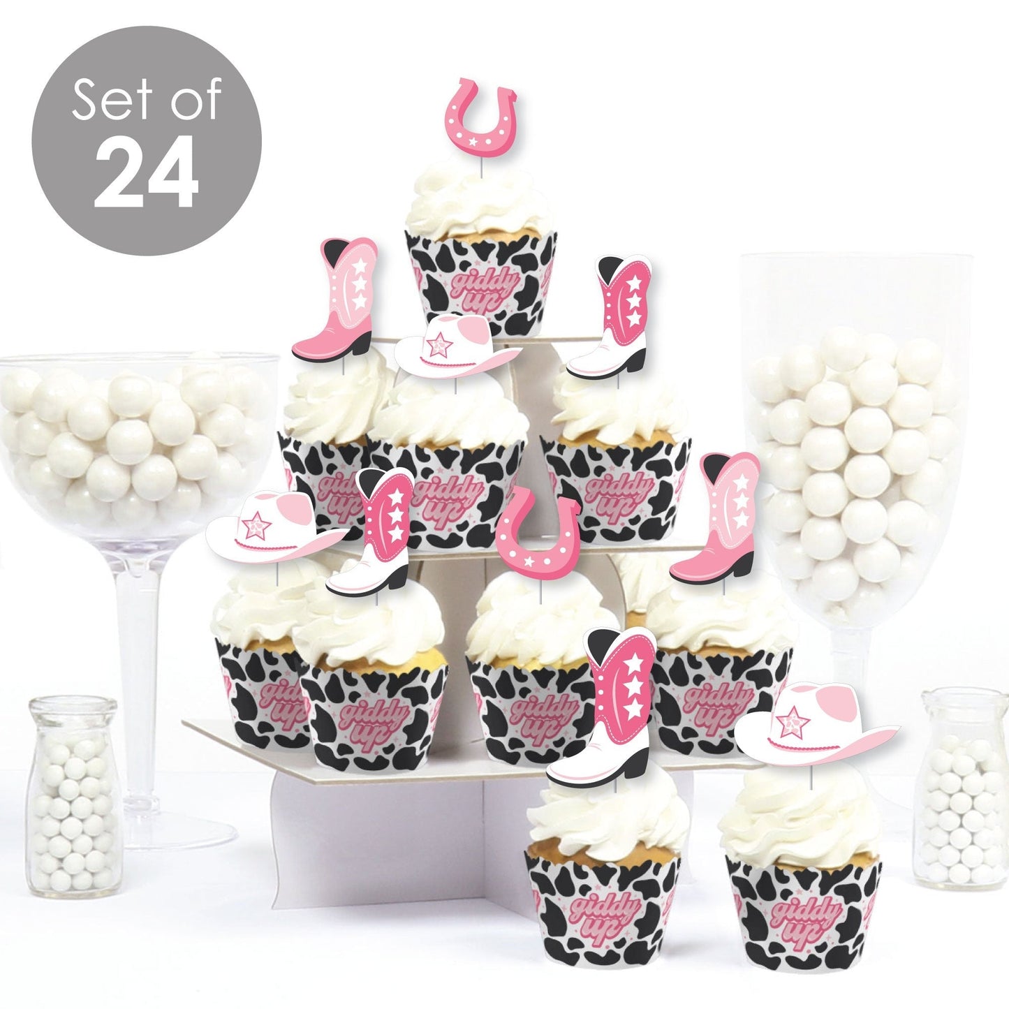 Rodeo Cowgirl - Cupcake Decoration - Pink Western Party Cupcake Wrappers and Treat Picks Kit - Set of 24