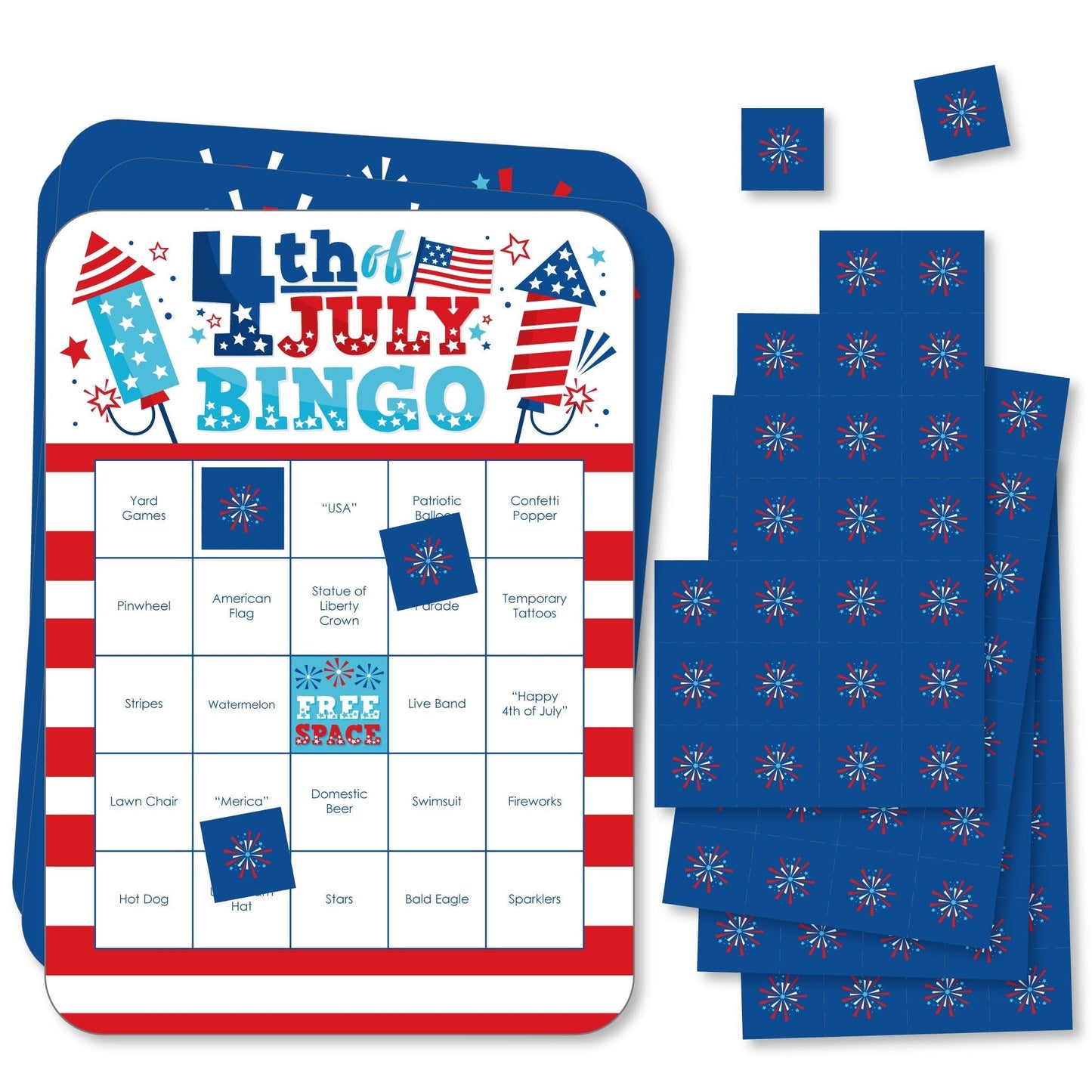 Firecracker 4th of July - Bar Bingo Cards and Markers - Red, White and Royal Blue Party Shaped Bingo Game - Set of 18