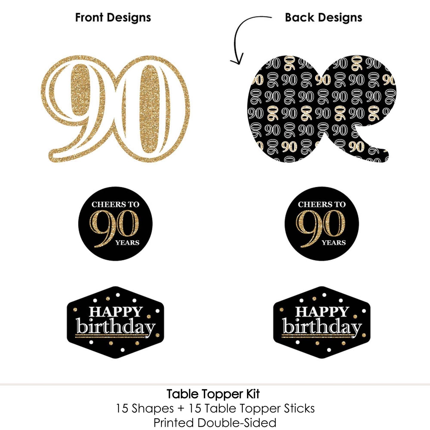Adult 90th Birthday - Gold - Birthday Party Centerpiece Sticks - Table Toppers - Set of 15