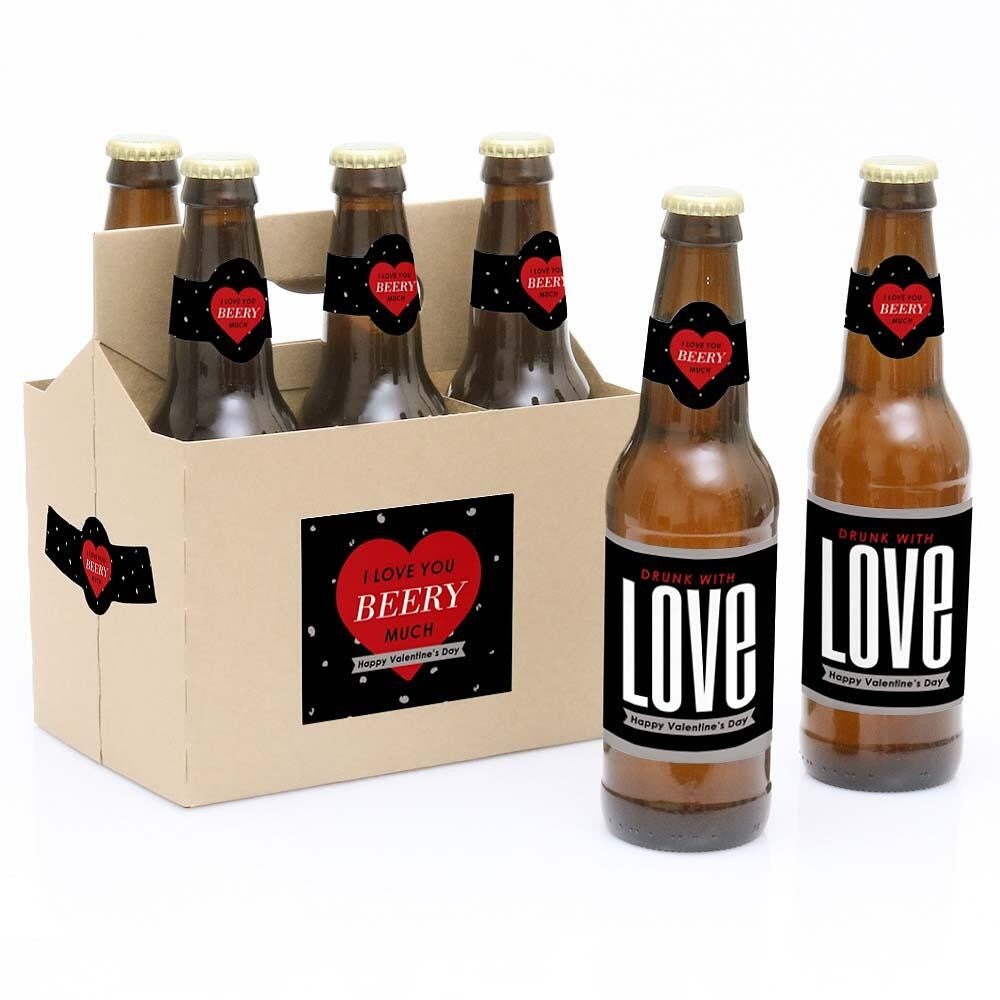 Valentine's Day - Valentine's Day - Decorations for Women and Men - 6 Beer Bottle Labels and 1 Carrier