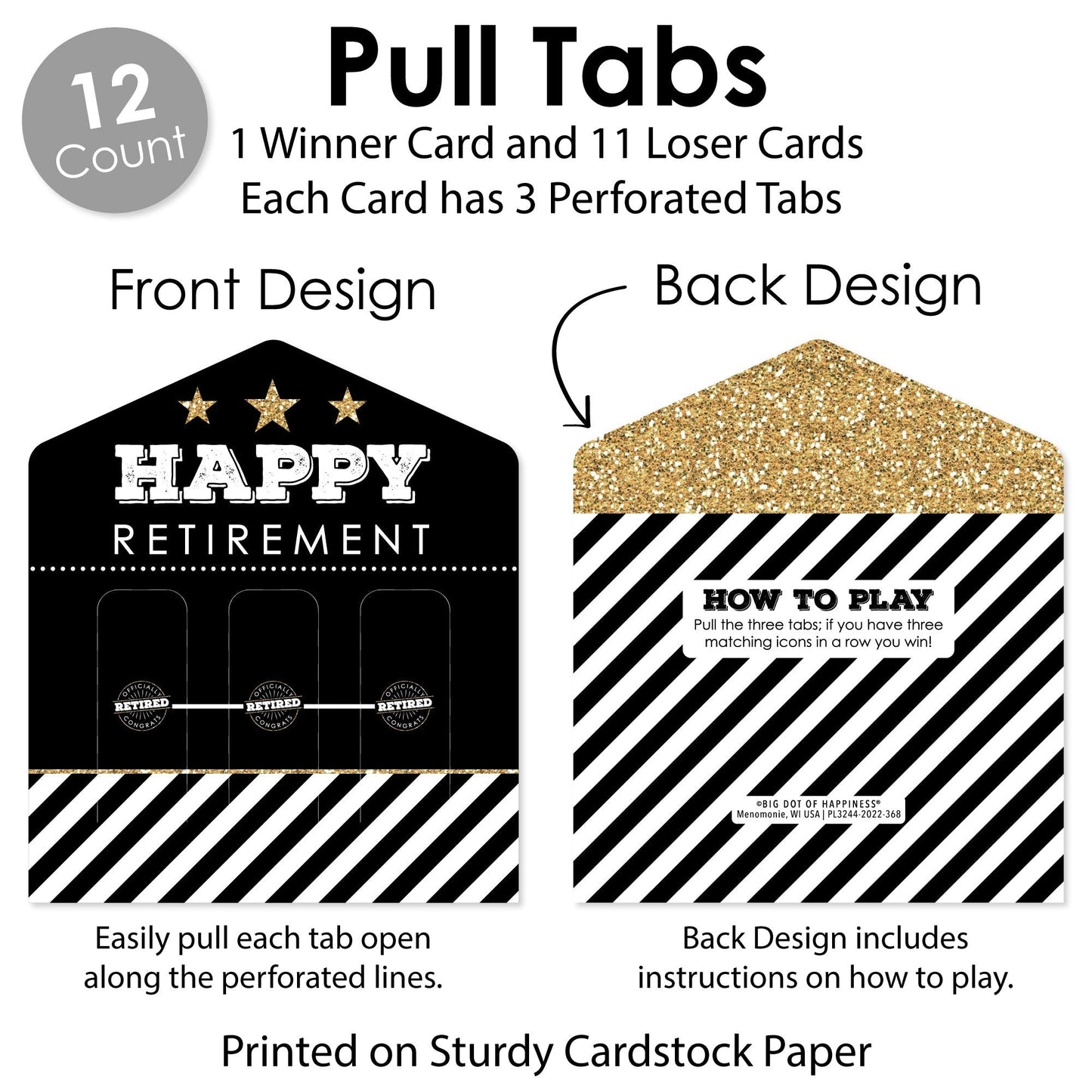 Happy Retirement - Retirement Party Game Pickle Cards - Pull Tabs 3-in-a-Row - Set of 12