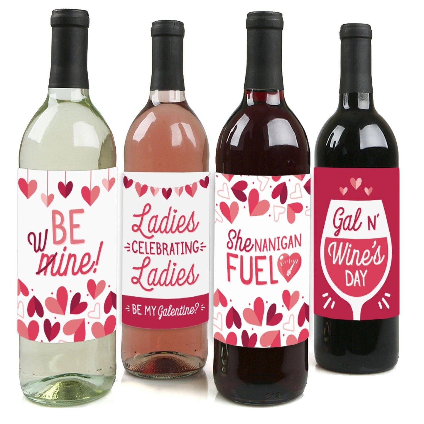Happy Galentine's Day - Valentine's Day Party Decorations for Women and Men - Wine Bottle Label Stickers - Set of 4