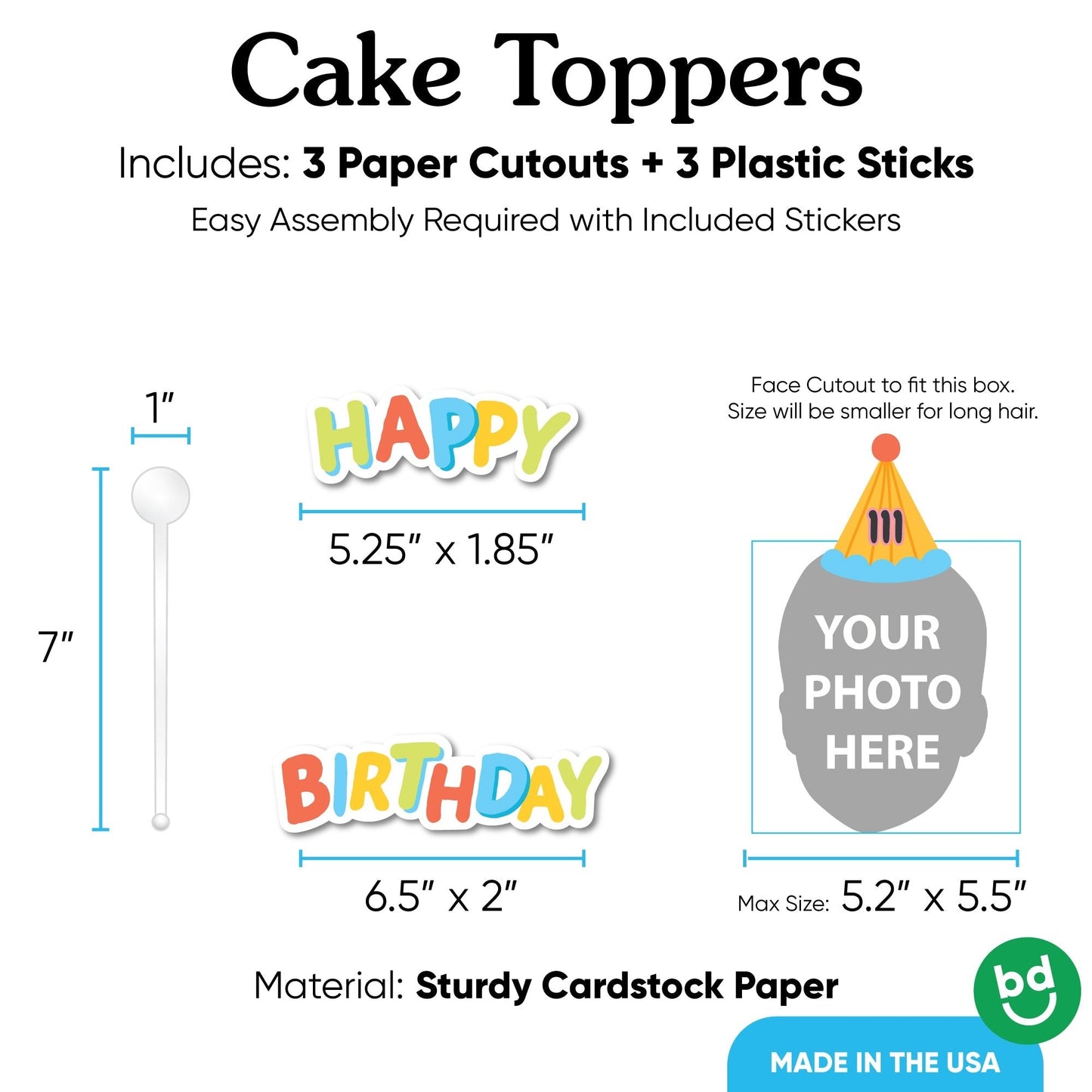 Custom Photo Party Time Colorful Happy Birthday Cake Topper - 3 Pc