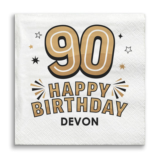 Custom Text Napkins - Black & Gold 90th Birthday