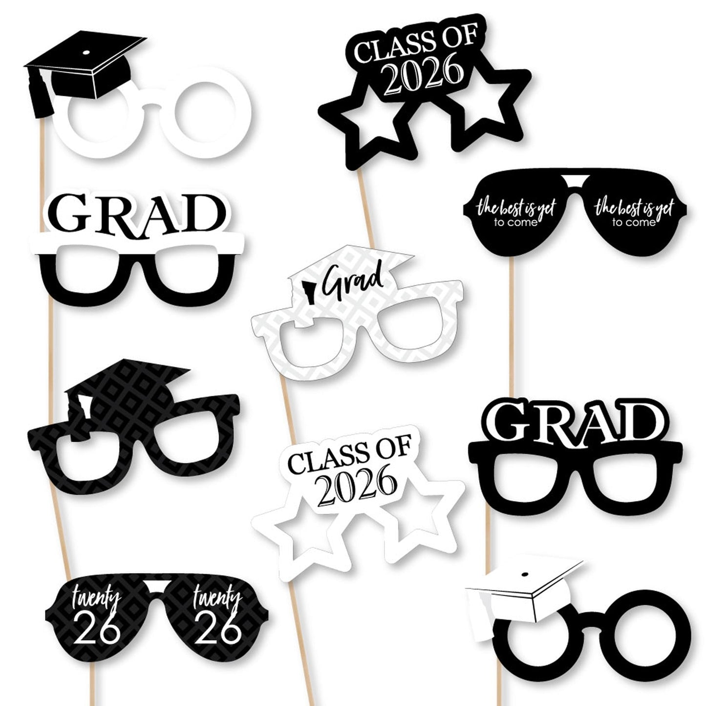 Black and White Grad Glasses - Best is Yet to Come - Black and White 2026 Paper Card Stock Graduation Party Photo Booth Props Kit - 10 Count