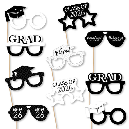 Black and White Grad Glasses - Best is Yet to Come - Black and White 2026 Paper Card Stock Graduation Party Photo Booth Props Kit - 10 Count