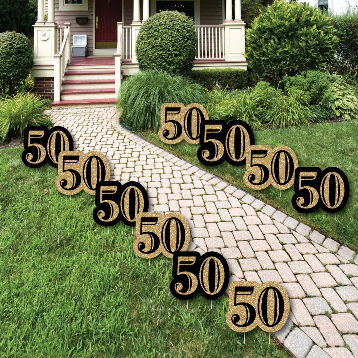 Adult 50th Birthday - Gold Lawn Decorations - Outdoor Birthday Party Yard Decorations - 10 Piece