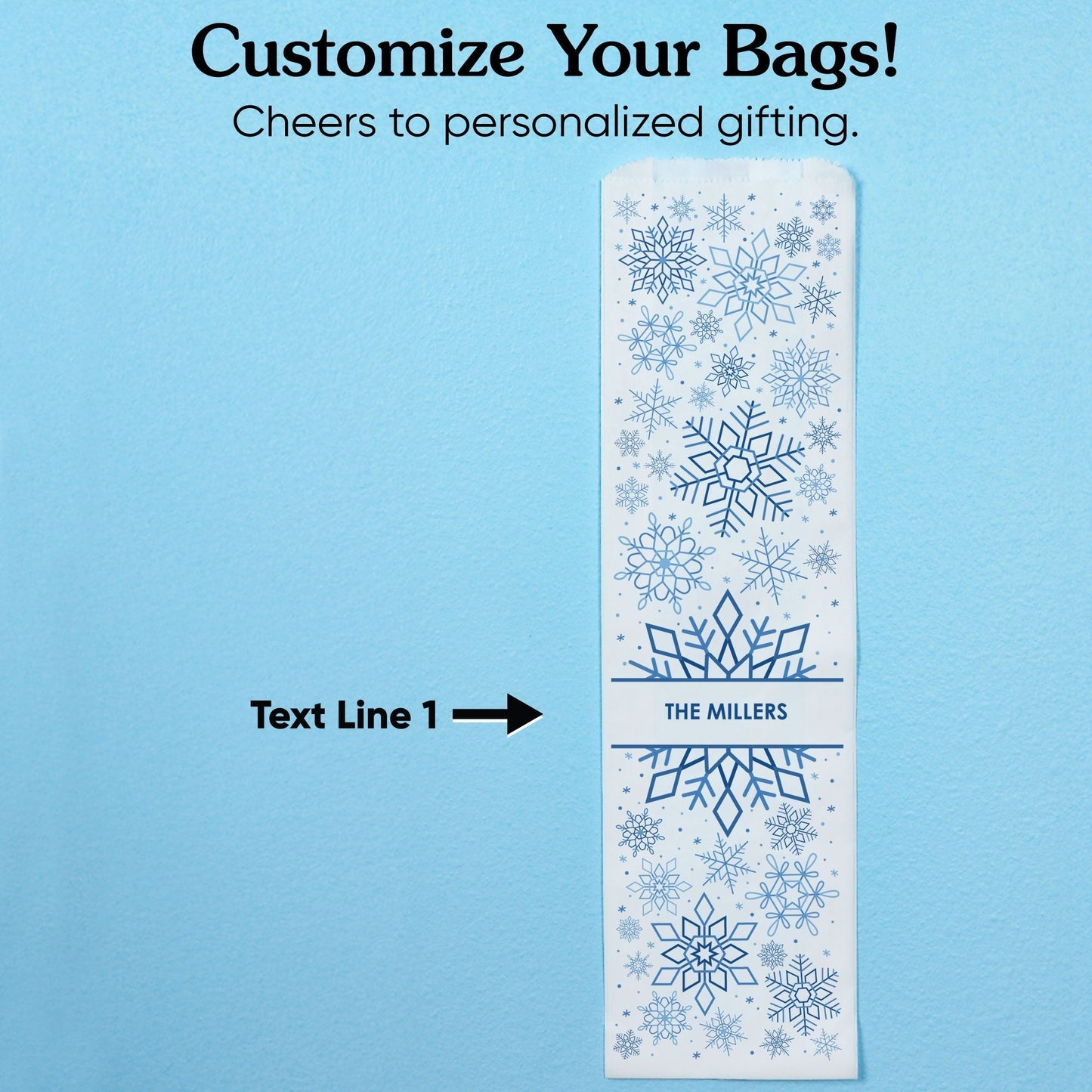 Custom Text Wine Bags - Blue Snowflakes