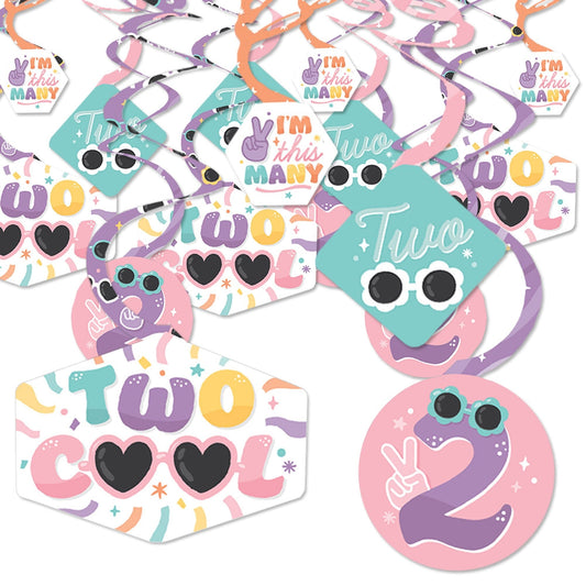 Two Cool - Girl - Pastel 2nd Birthday Party Hanging Decor - Party Decoration Swirls - Set of 40