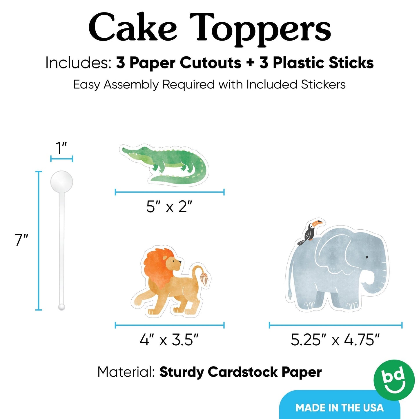 Safari Animals Cake Topper - 3 Pc