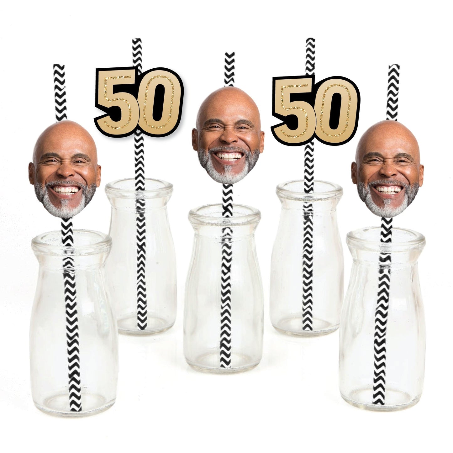 Custom 50th Birthday Face Cutout Straw Decor - 24 Ct