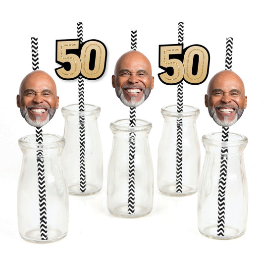 Custom 50th Birthday Face Cutout Straw Decor - 24 Ct