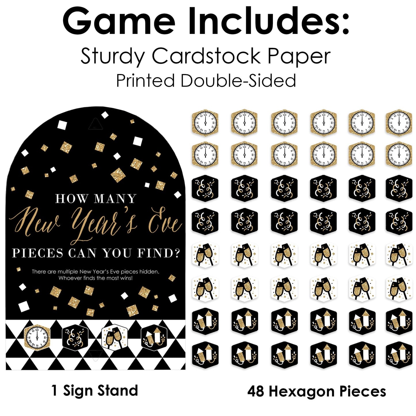 New Year's Eve - Gold - New Years Eve Party Scavenger Hunt - 1 Stand and 48 Game Pieces - Hide and Find Game