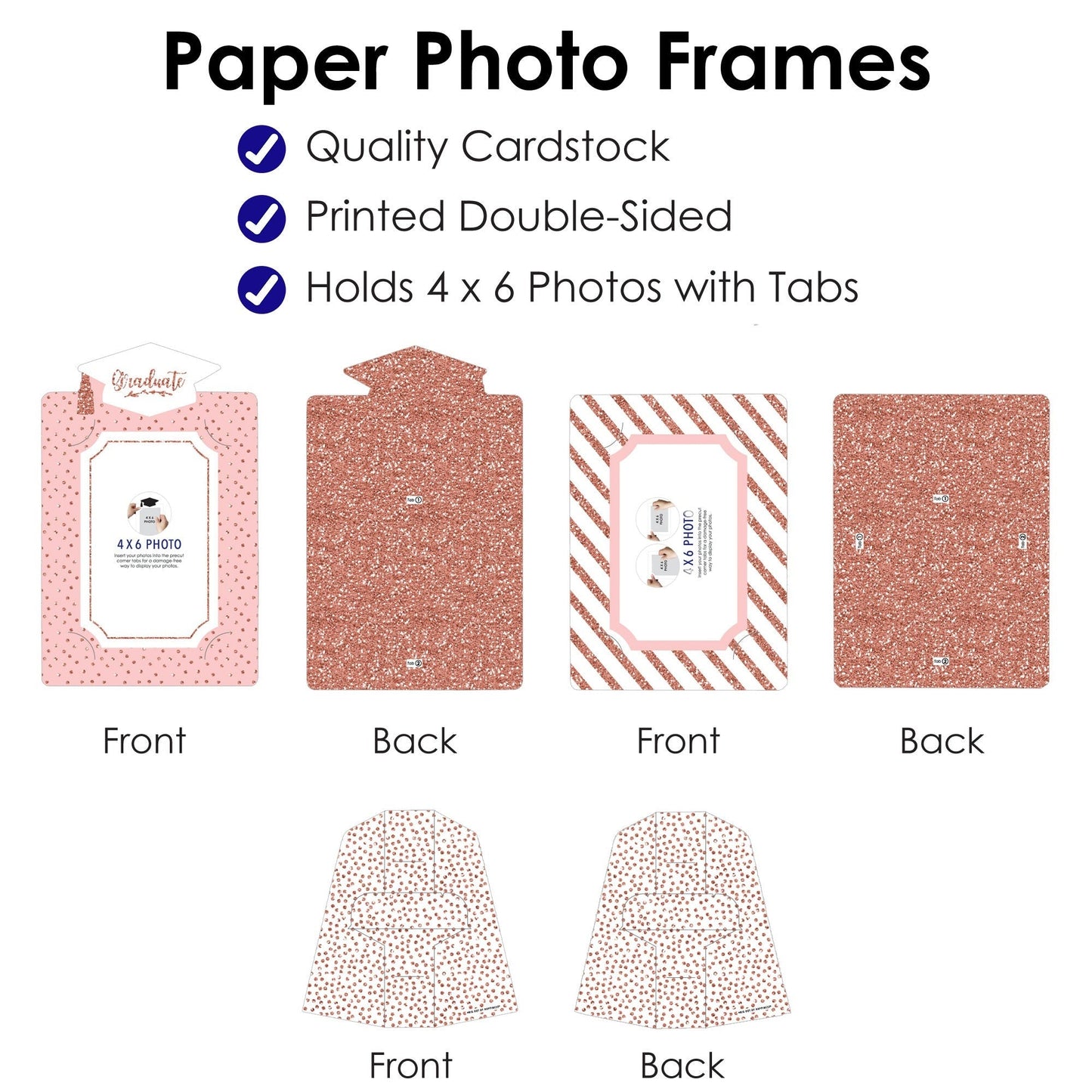 Rose Gold Grad - Graduation Party 4x6 Picture Display - Paper Photo Frames - Set of 12