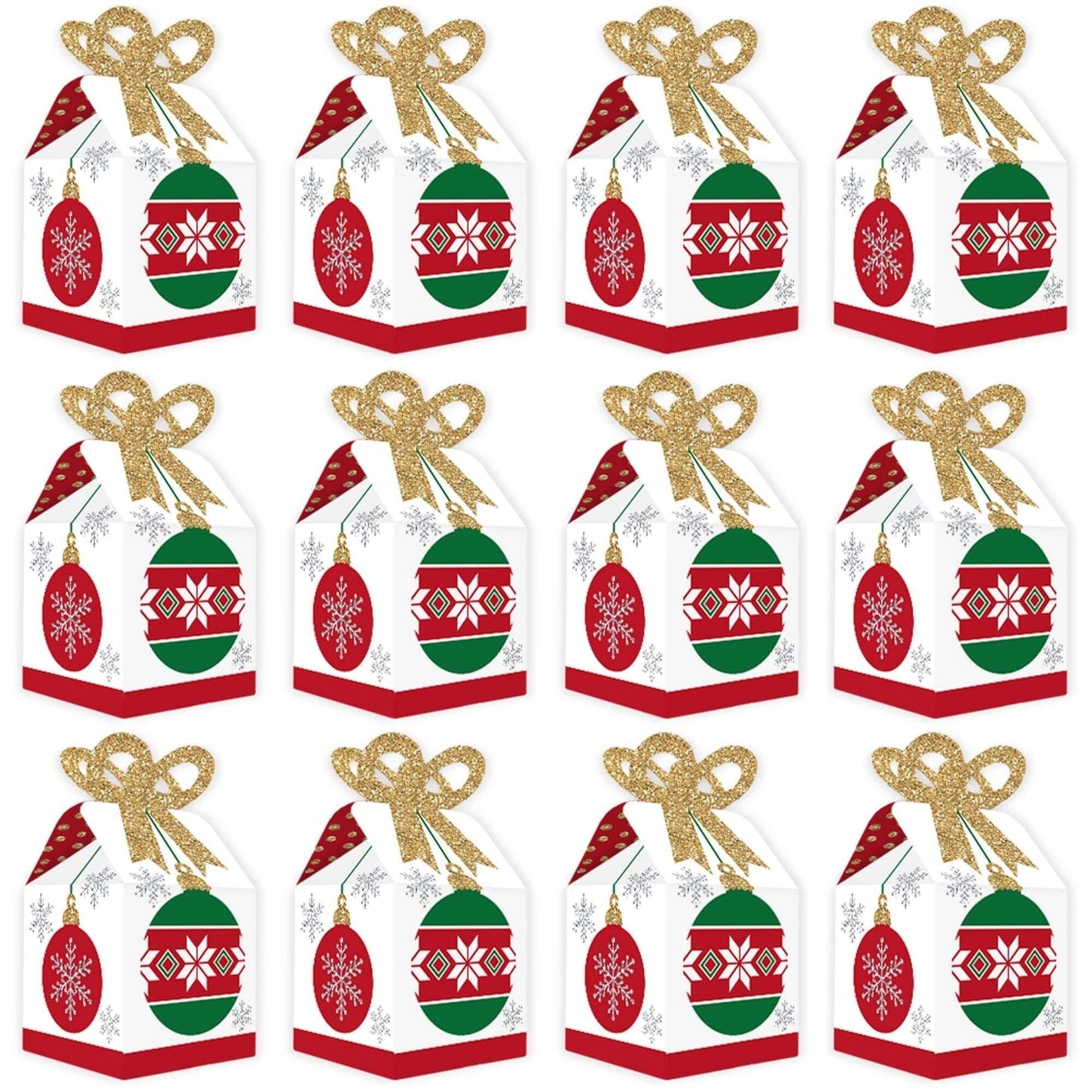 Ornaments - Square Favor Gift Boxes - Holiday and Christmas Party Bow Boxes - Set of 12
