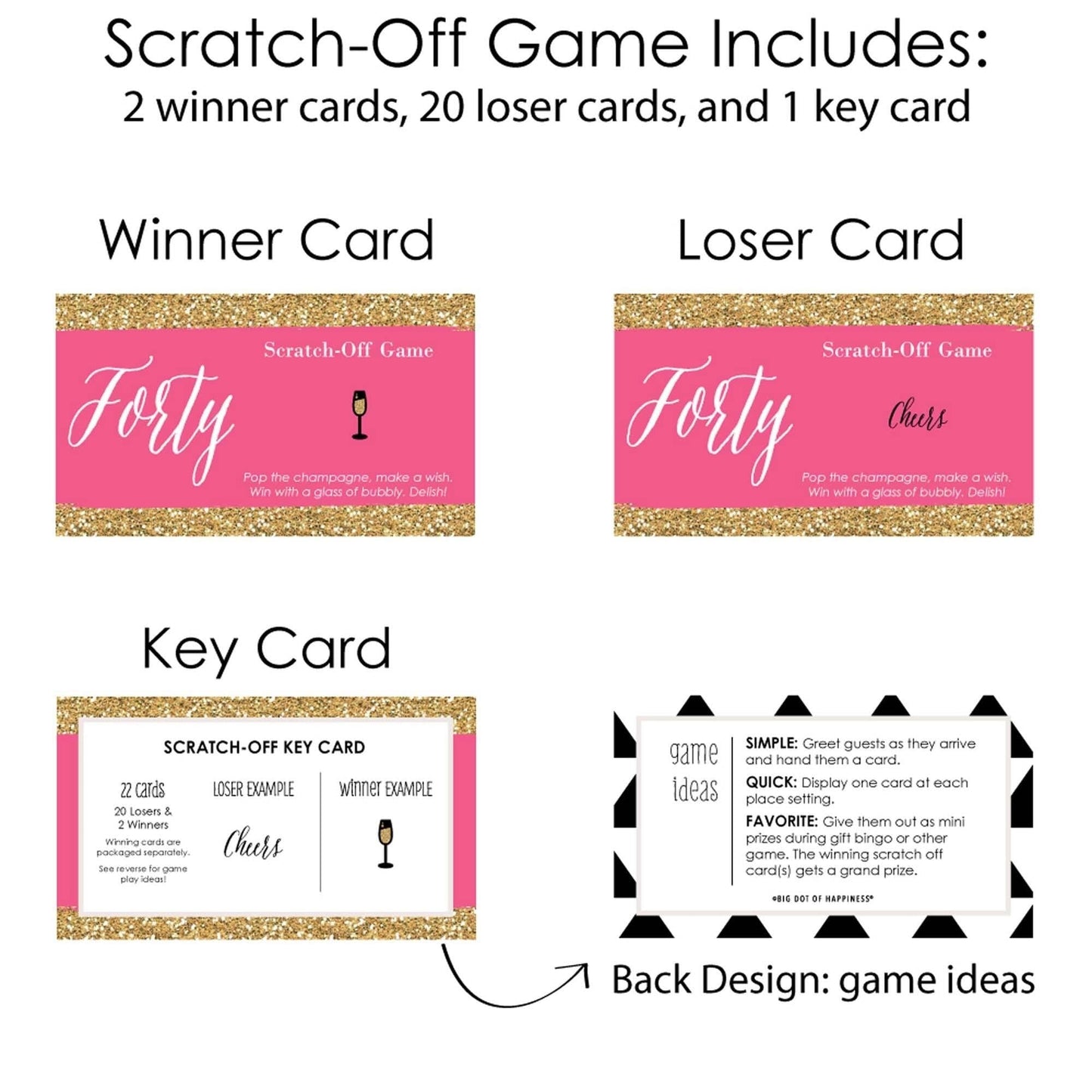 Chic 40th Birthday - Pink and Gold - Birthday Party Game Scratch Off Cards - 22 ct