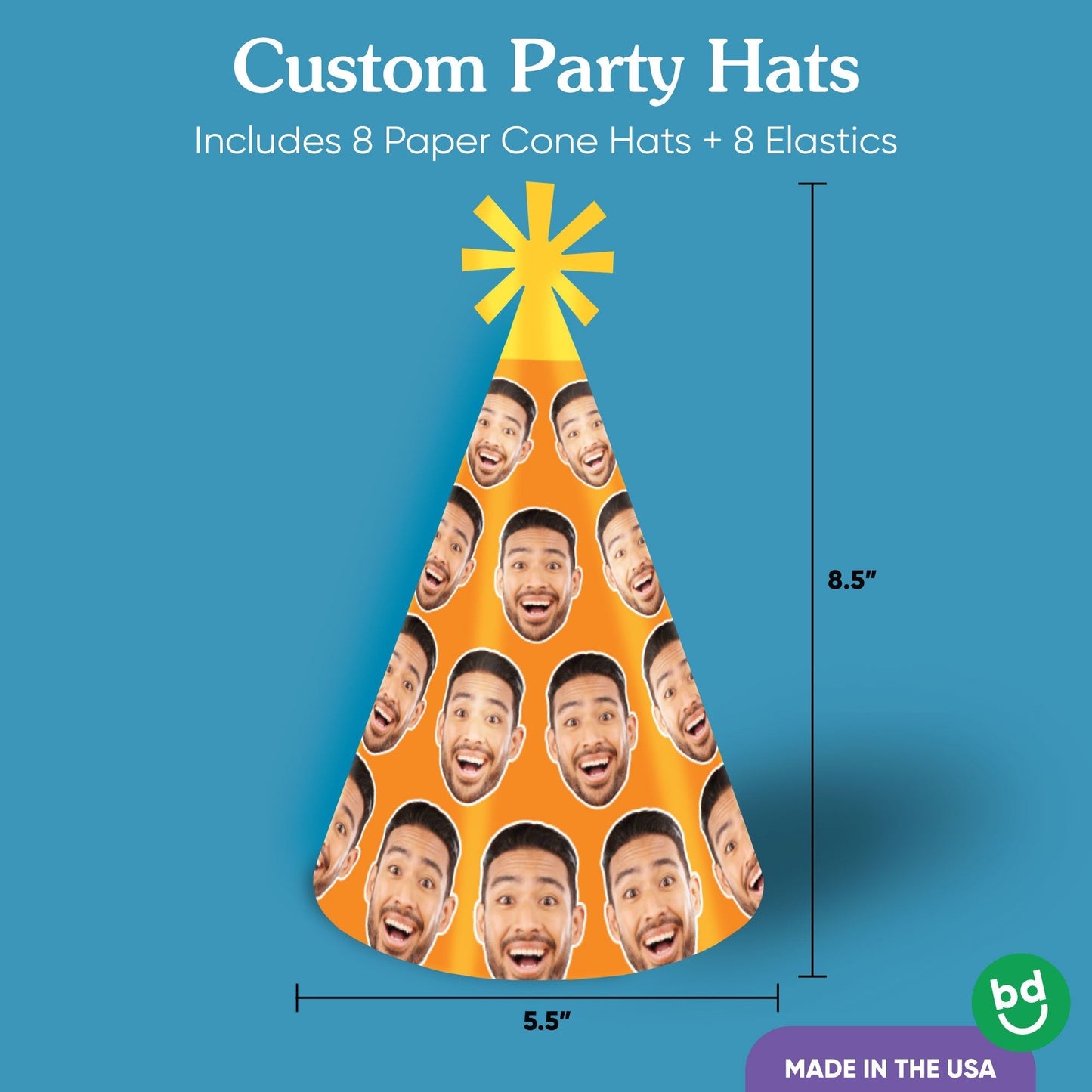 Custom Face Pick Your Own Color Cone Hats - 8 Ct